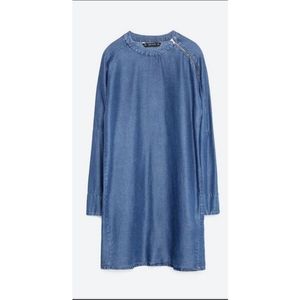 Zara Denim Chambray Shift Dress w/ Zip Shoulder
